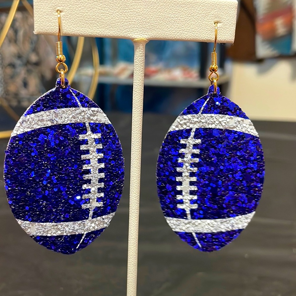 💙🤍NEW Blue and White Glitter Football Earrings Game Day Jewelry